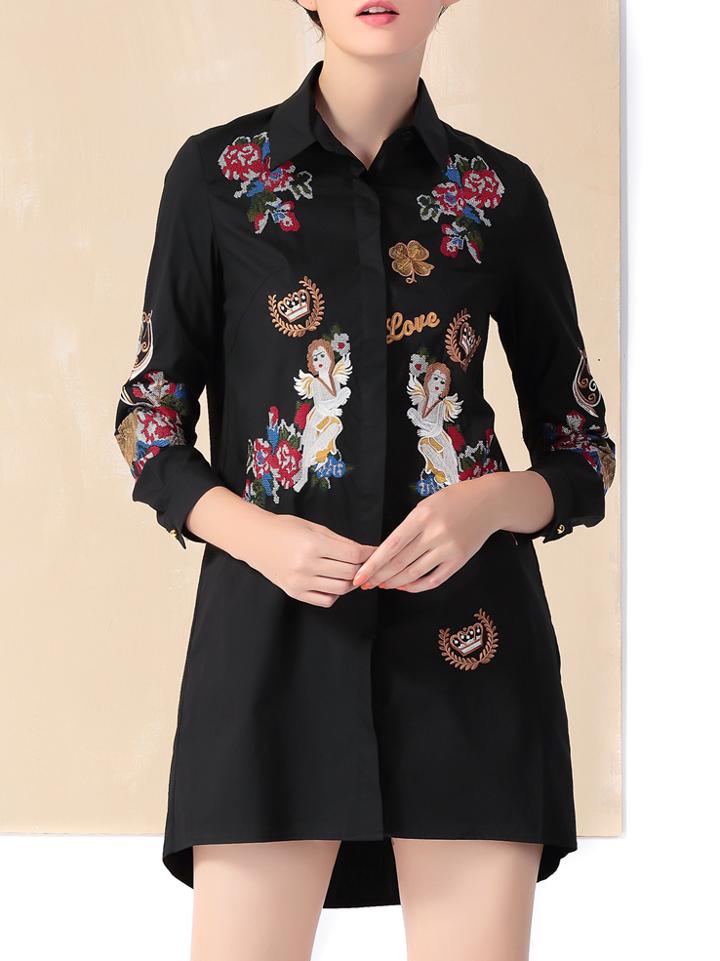 Shein Black Lapel Embroidered High Low T-shirt Dress