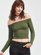 Shein Army Green Off The Shoulder Crop T-shirt