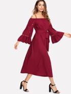 Shein Pearl Beading Trumpet Sleeve Belted Dress