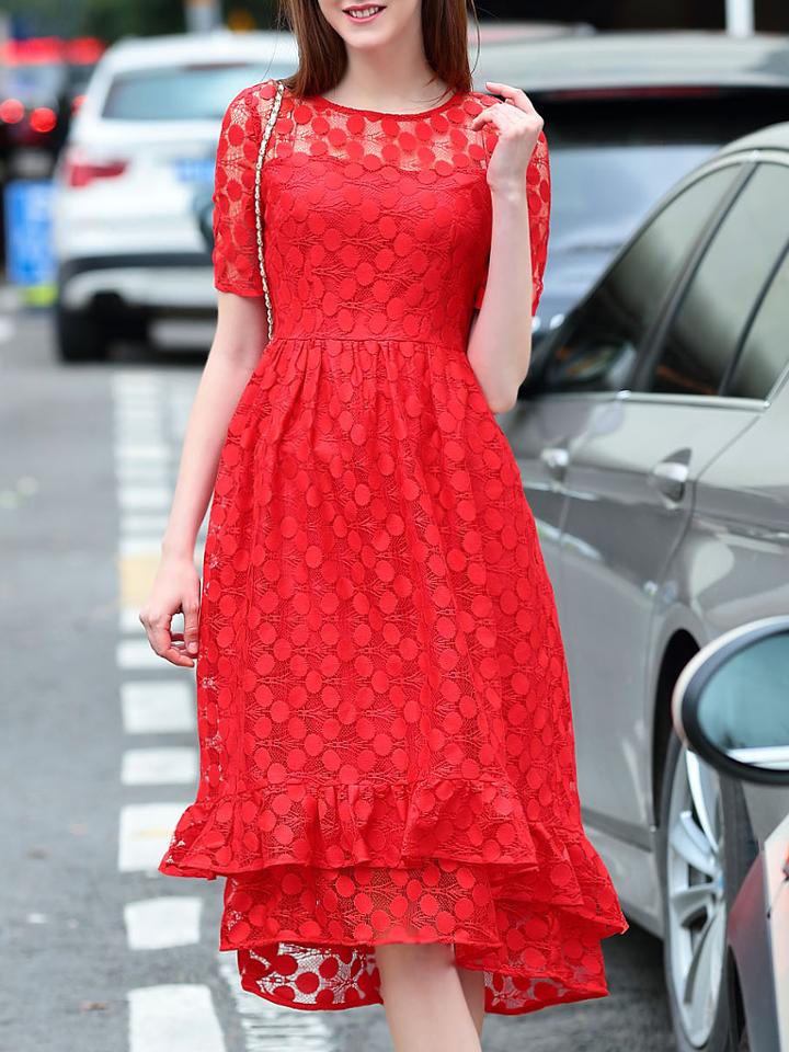 Shein Red Ruffle A-line Lace Dress