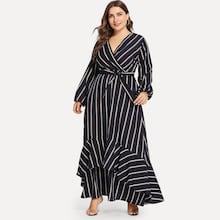 Shein Plus Ruffle Hem Belted Striped Dress