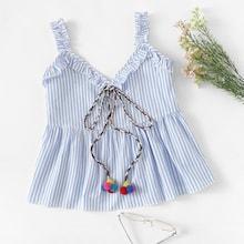 Shein Pompom Knot Frill Detail Striped Shell Top