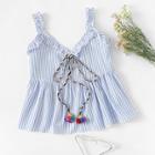 Shein Pompom Knot Frill Detail Striped Shell Top