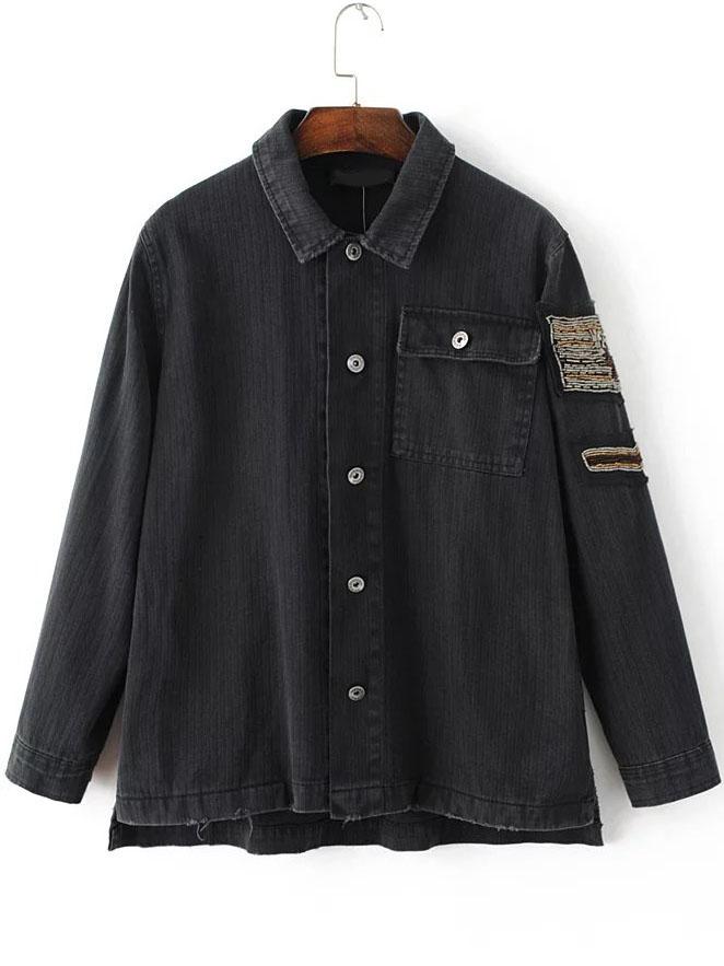 Shein Black Beaded Button Up High Low Coat With Pocket