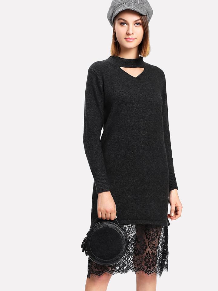 Shein Contrast Eyelash Lace Hem Cut Out Sweater Dress