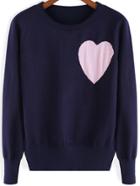 Shein Blue Round Neck Heart Pattern Knit Sweater