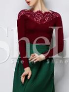 Shein Burgundy Crew Neck Lace Blouse T-shirt
