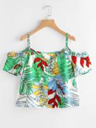 Shein Random Palm Leaf Print Frill Trim Top