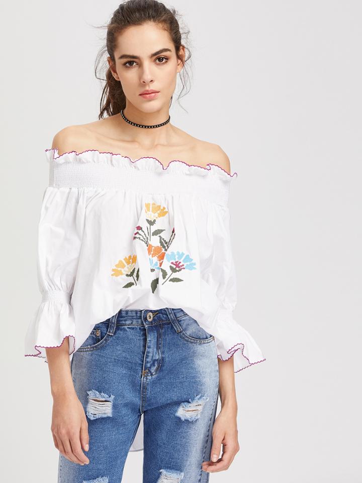Shein Bardot Embroidered Frill Trim Trumpet Sleeve Dip Hem Top