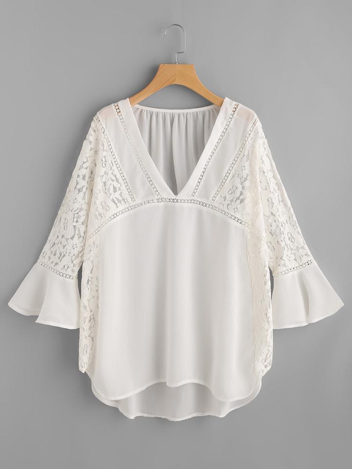 Shein Lace Insert Plunge Neckline Bell Sleeve Chiffon Cover Up