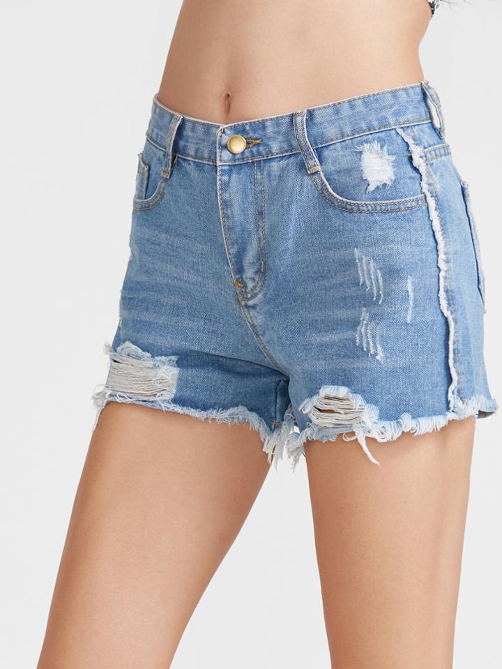 Shein Light Blue Ripped Raw Hem Denim Shorts