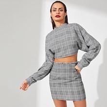 Shein Mock-neck Plaid Top & Skirt Set