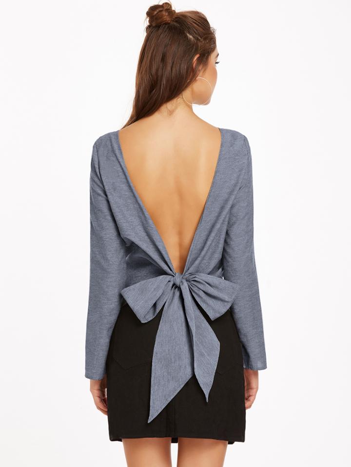 Shein Bow Tie V Back Long Sleeve Top