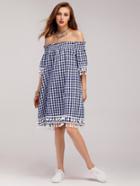 Shein Gingham Off Shoulder Tiered Tassel Trim Dress