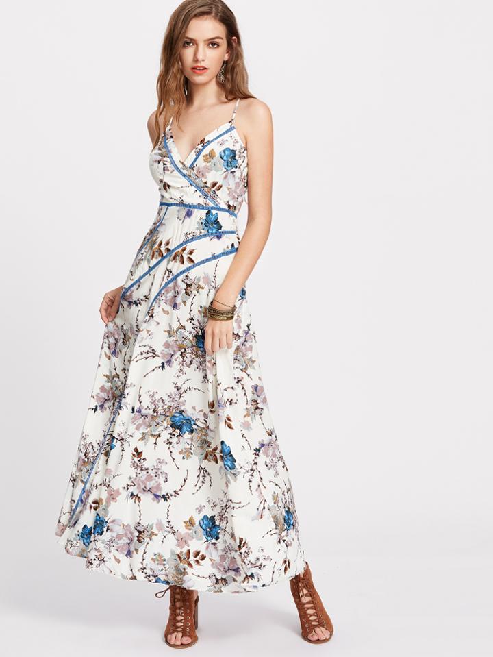 Shein Lace Insert Crisscross Back Floral Surplice Cami Dress