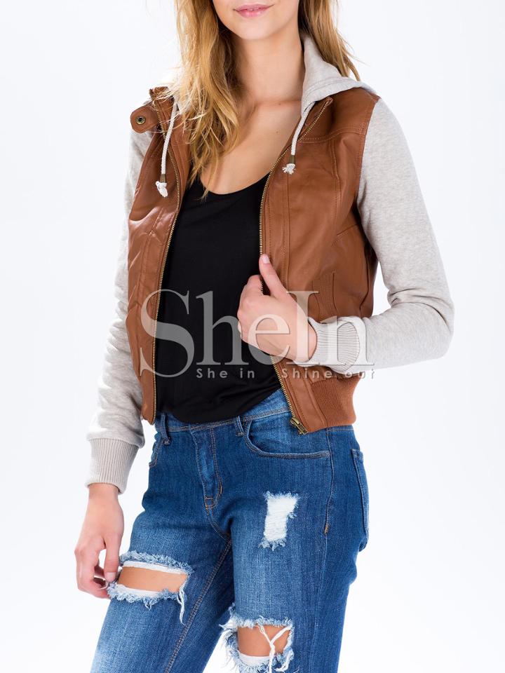 Shein Brown Grey Hooded Long Sleeve Jacket