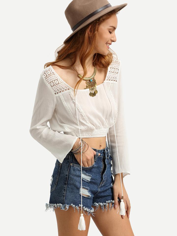 Shein White Long Sleeve Scoop Neck Crop Blouse