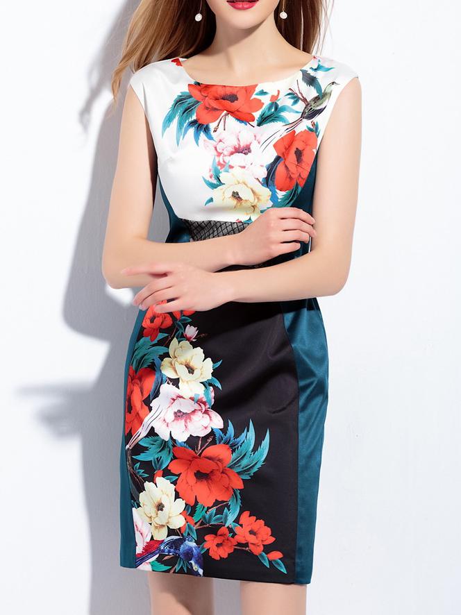 Shein Multicolor Crew Neck Print Sheath Dress