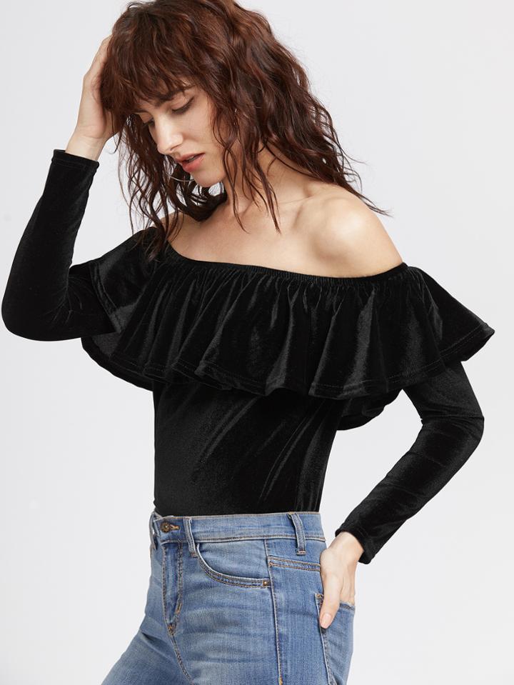Shein Black Off The Shoulder Ruffle Trim Velvet T-shirt