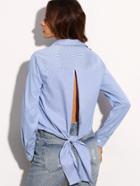 Shein Blue Stripe Tie Cut Out Back Rolled Up Sleeve Blouse