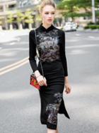 Shein Black Stand Collar Long Sleeve Print Dress