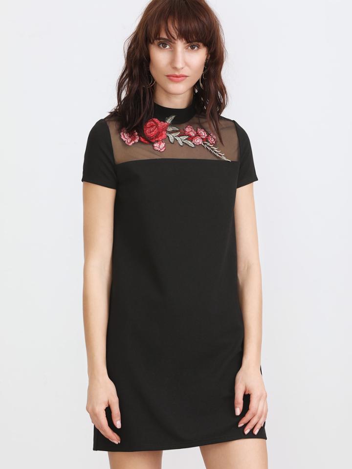 Shein Black Embroidered Rose Applique Mesh Neck Dress