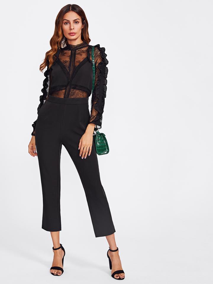 Shein Lace Contrast Mesh Insert Jumpsuit