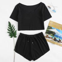 Shein Boat Neck Crop Tee With Drawstring Waist Shorts