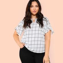 Shein Plus V Cut Neck Ruffle Cuff Grid Top