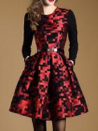 Shein Red Print Belted Pockets A-line Dress
