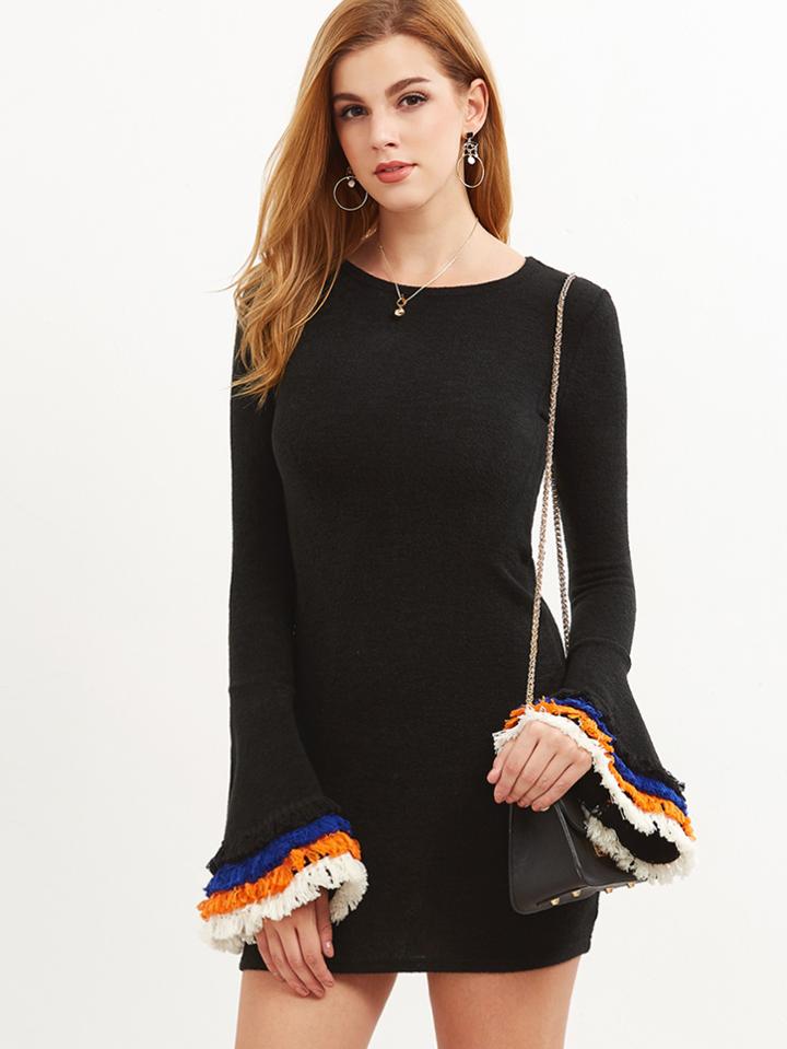 Shein Fringe Trim Trumpet Sleeve Knit Dress