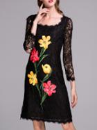 Shein Black Flowers Applique Pouf Lace Dress