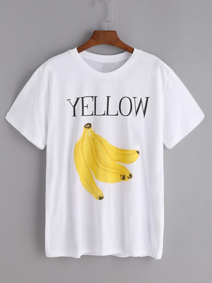 Shein White Bananas And Letter Print T-shirt