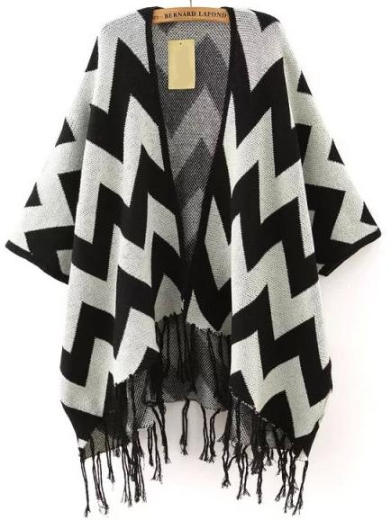 Shein Black Grey Zigzag Print Tassel Cardigan