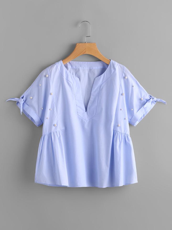 Shein Tie Cuff Blouse With Faux Pearl Detail