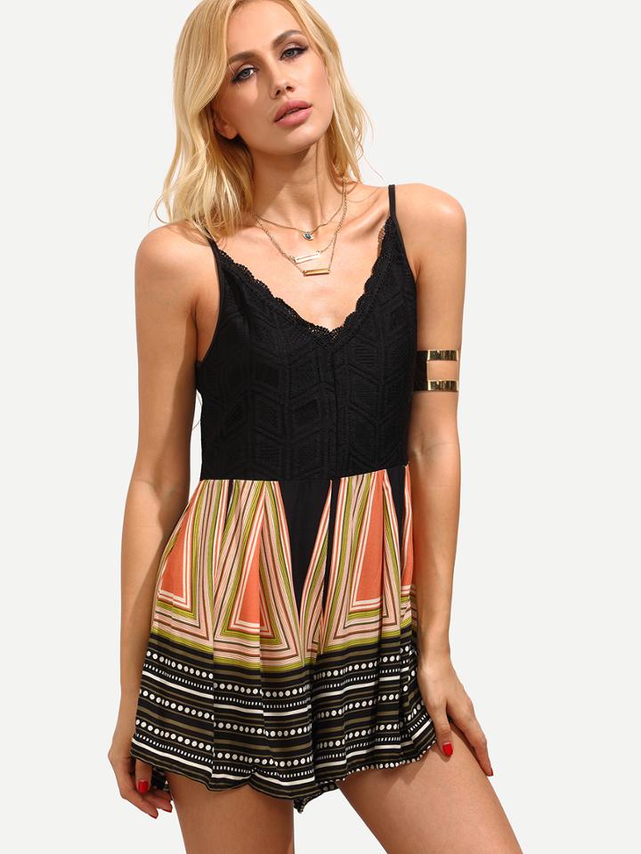 Shein Multicolor Geometric Print Crochet 2 In 1 Romper