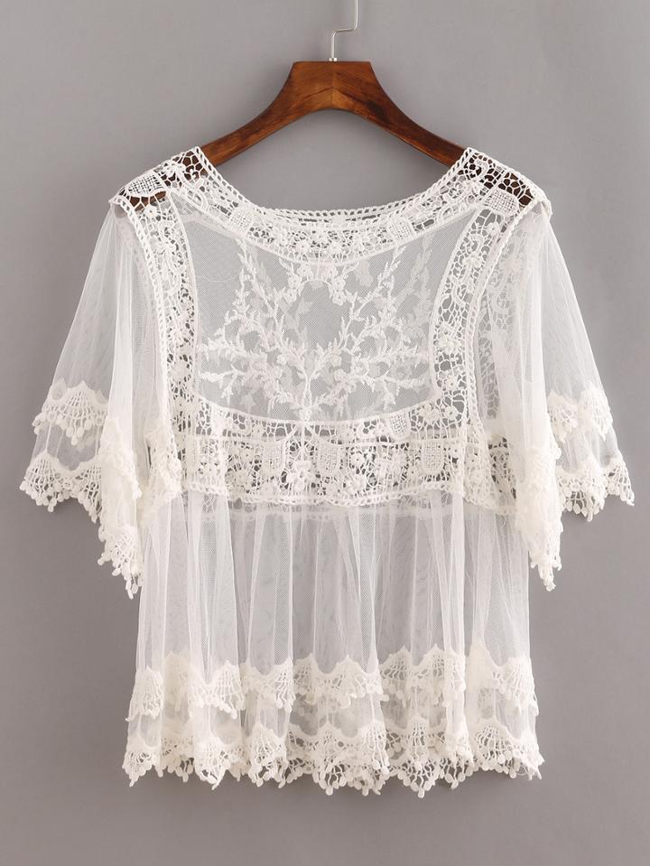 Shein White Sheer Lace Insert Hollow Shirt