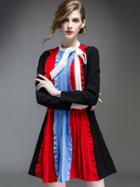 Shein Black Round Neck Tie Long Sleeve Dress