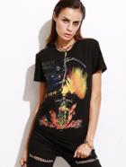 Shein Black Printed Rhinestone Embellished Halloween T-shirt