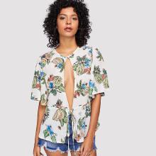 Shein Allover Fruit Print Knot Front Blouse