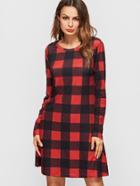 Shein Black And Red Checkered Long Sleeve A Line Dress