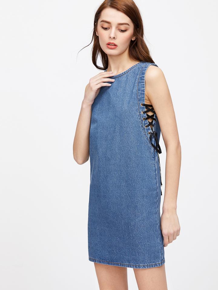 Shein Lace Up Grommet Zip Back Denim Dress