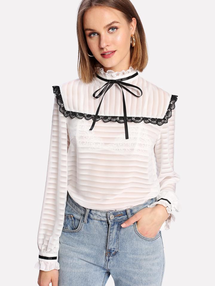 Shein Tie Neck And Cuff Lace Trim Blouse