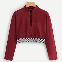 Shein Gingham Panel Quarter Zipper Detail Tee