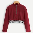 Shein Gingham Panel Quarter Zipper Detail Tee