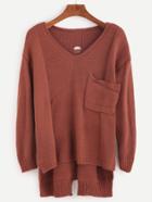 Shein Coffee V Neck Slit Back High Low Sweater