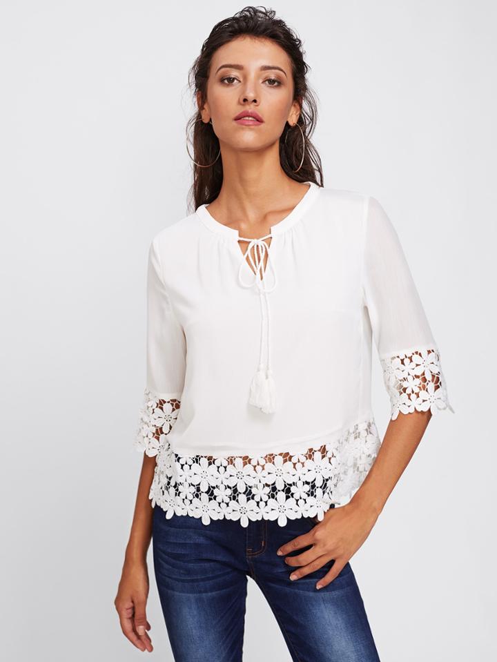 Shein Tassel Tie Neck Daisy Lace Panel Top