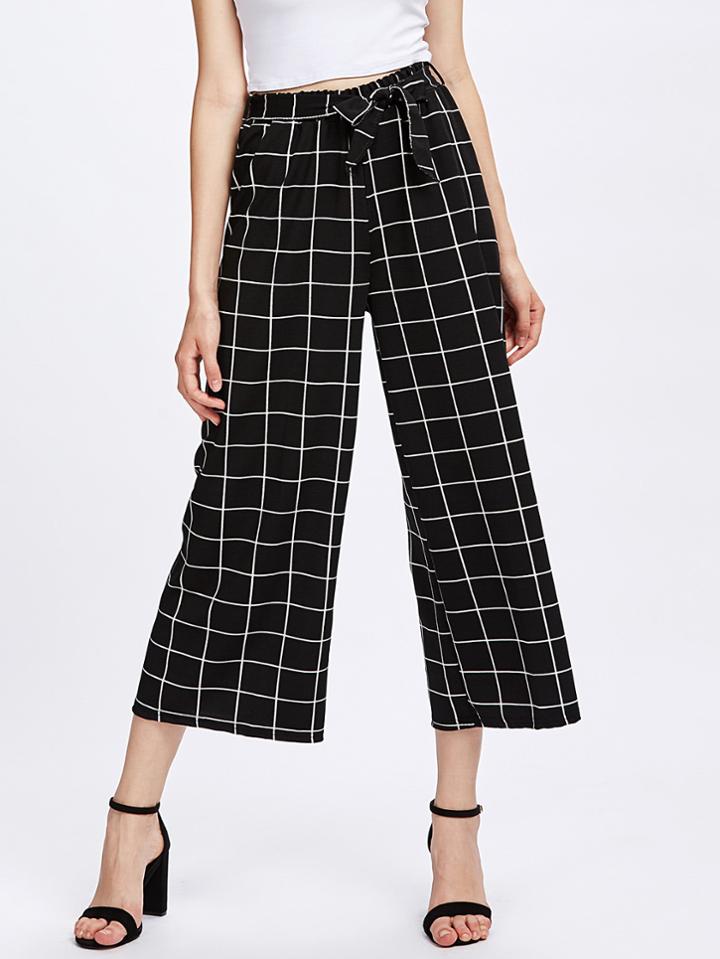 Shein Grid Print Self Tie Wide Leg Pants