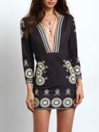 Shein Black Deep V Neck Floral Bodycon Dress