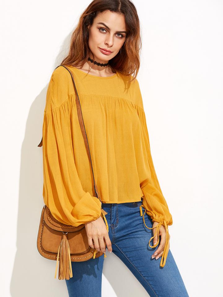 Shein Yellow Lantern Sleeve Drawstring Blouse